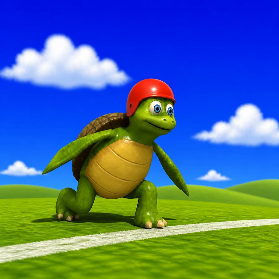 turtl in a racing helmet at a start line