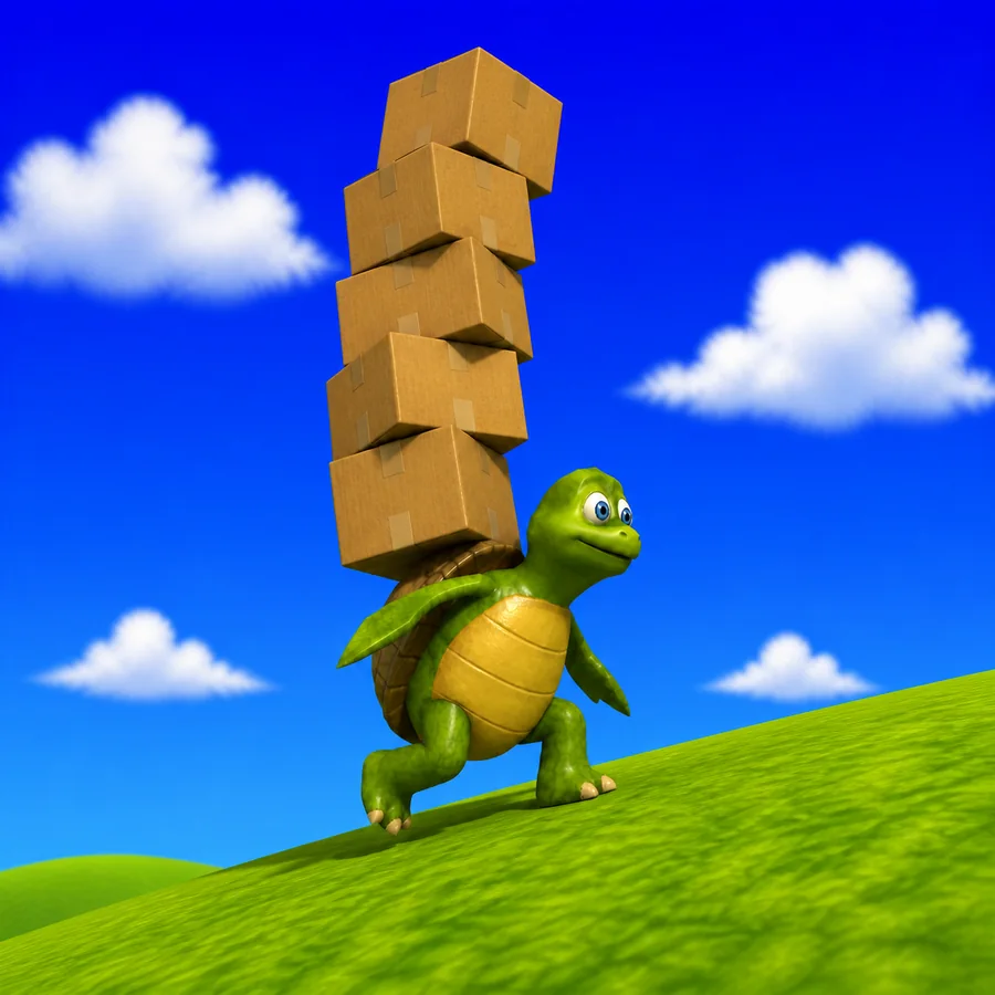 turtl carrying a stack of boxes